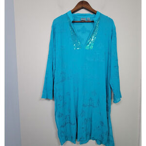 Chicos Womens 3 Silk Long Embroidery Sequin Side Slits Tunic Beach Cover Up Blue
